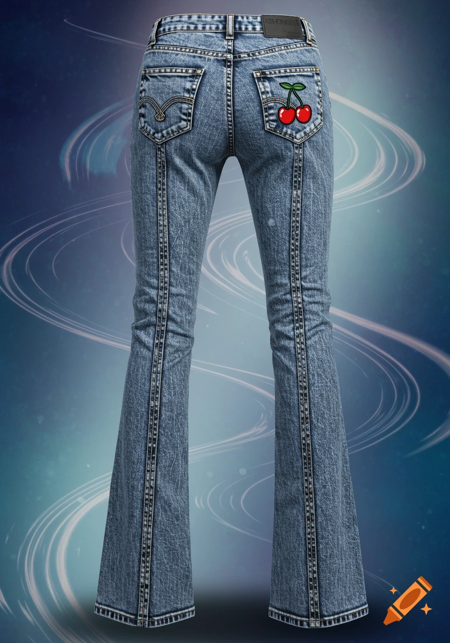 Back view of blue acid wash bootcut jeans with a red cherry patch on the right back pocket, against a blue swirling background.