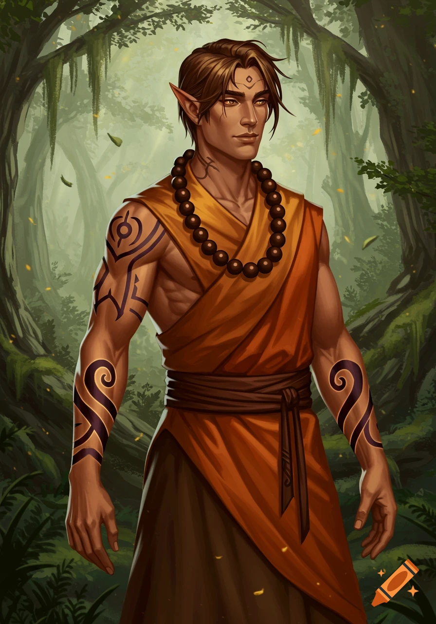 A male elf in orange and brown monk robes with intricate tattoos stands in a luminous green forest.