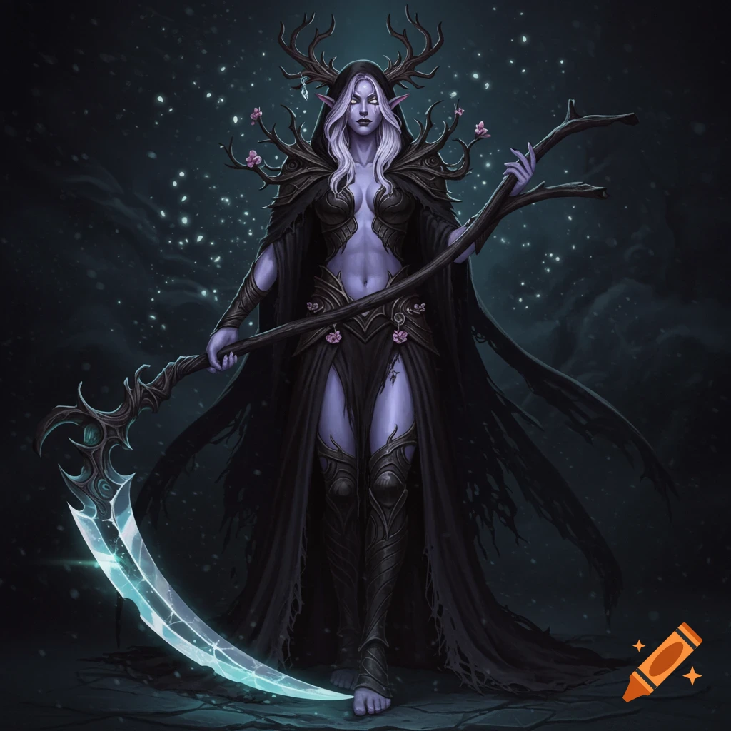 A mystical purple-skinned elf-like woman with deer antlers and a dark hooded cloak holds a glowing scythe against a starry background. Digital art.
