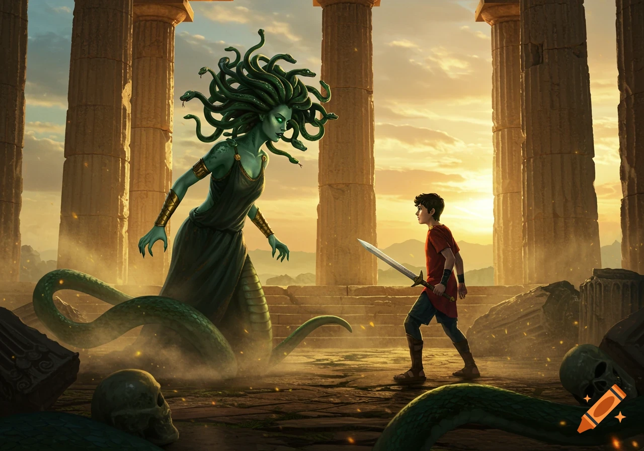 Medusa, with green skin and snake hair, confronts Percy Jackson wielding a sword amidst ancient Greek ruins at sunset, in a digital painting.