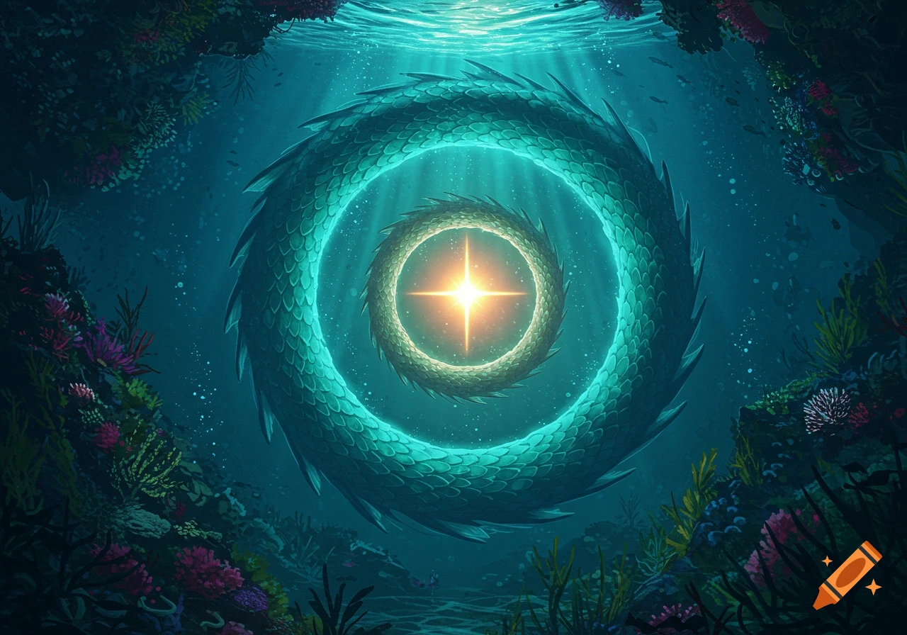 A massive green sea serpent forms an ouroboros shape around a bright golden star in a deep blue underwater scene with coral.
