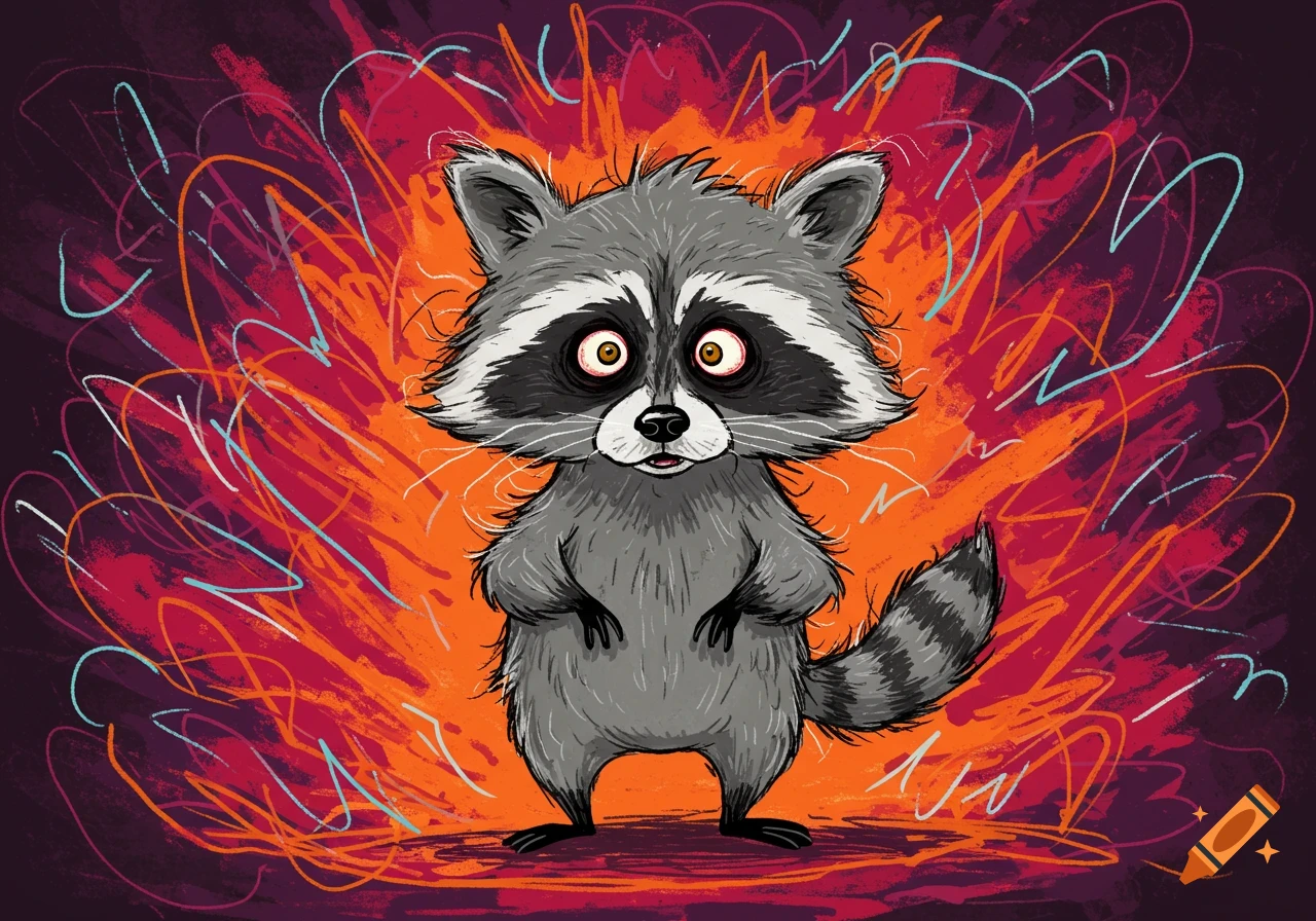 A cartoon raccoon with wide, anxious eyes and messy fur stands against a background of chaotic orange and red scribbles.
