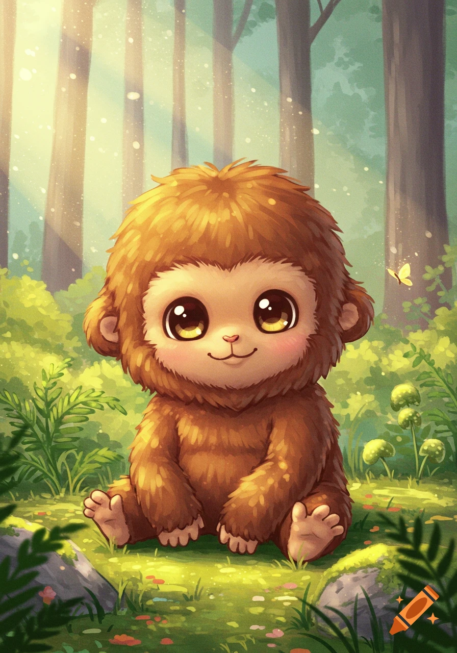 A cute, fluffy brown chibi creature with large eyes sits in a sunlit green forest with trees and dappled light.