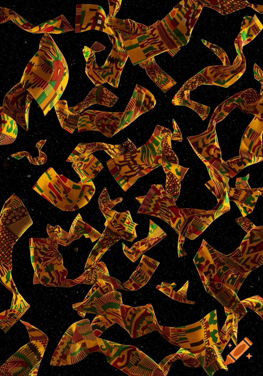 Many pieces of patterned African Kente cloth floating and rippling against a dark, speckled background.