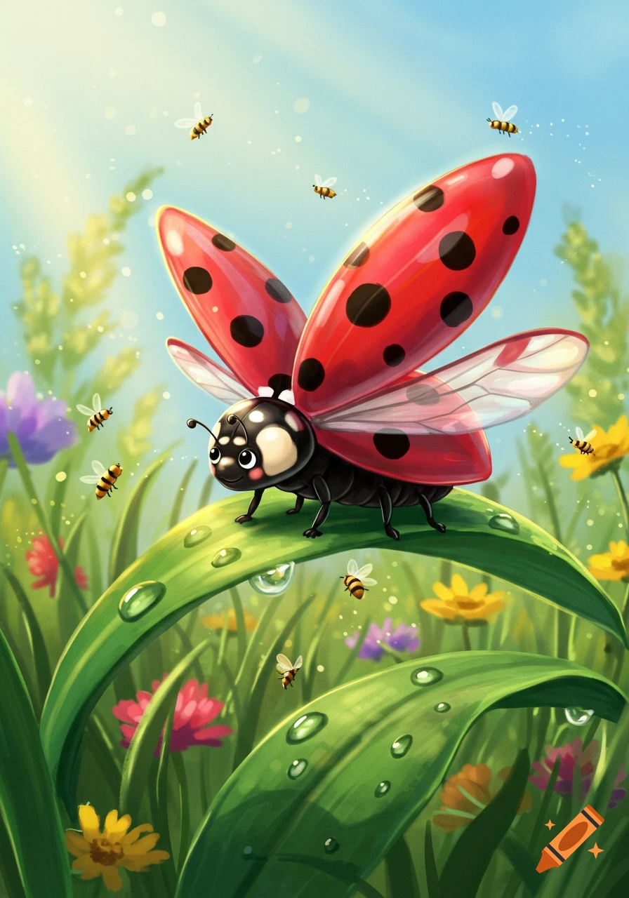 A cute, cartoon ladybug with open red wings on a dew-covered green leaf, surrounded by flying bees and colorful flowers under a bright sky.