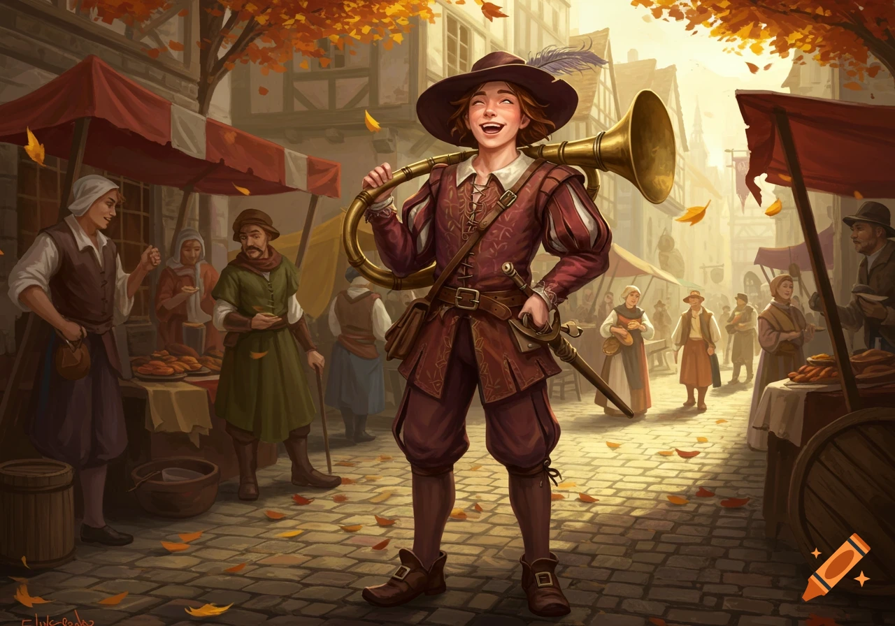 A joyful medieval bard in a hat and red tunic plays a brass horn in a bustling autumn marketplace.