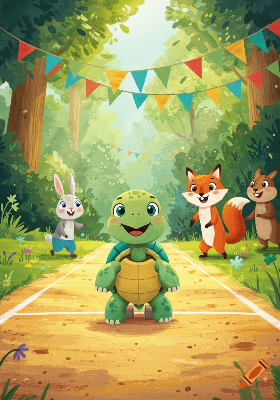A cute cartoon baby turtle at a race starting line in a forest, with a bunny, fox, and chipmunk cheering behind it, under colorful banners.