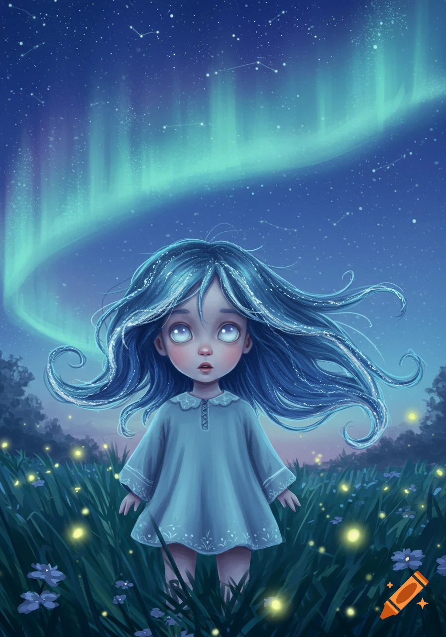 Dreamy illustration of a blue-haired child in a field of glowing plants, gazing at a vibrant aurora borealis and starry night sky.