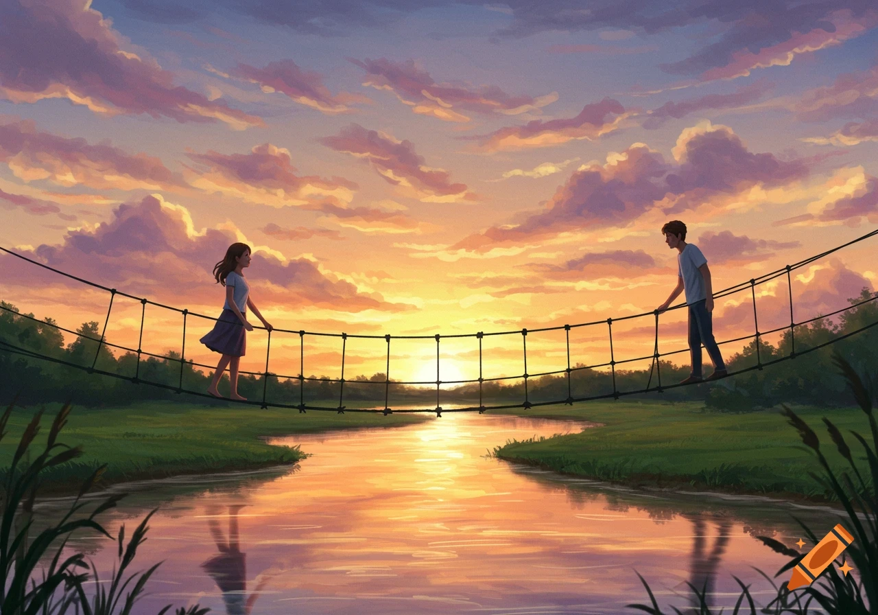 Digital art of a man and woman on a rope bridge over a river at sunset.