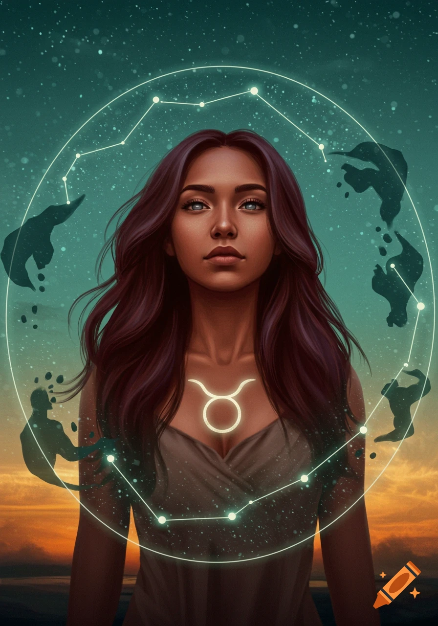 A woman with long dark hair and a glowing Taurus symbol on her chest, surrounded by a celestial constellation and abstract shapes, against a twilight sky.
