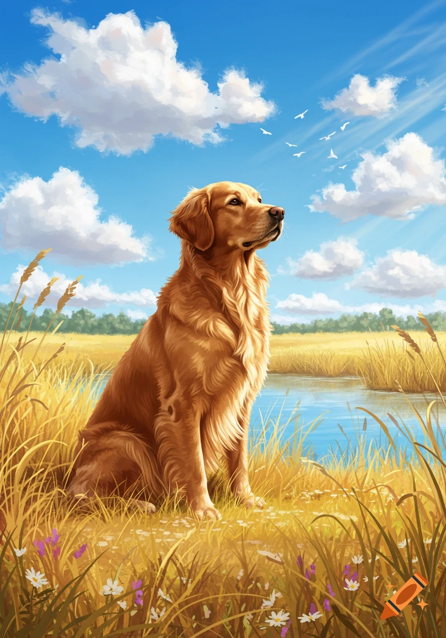 A golden retriever sits in a field of tall golden grass next to a pond under a bright blue sky with white clouds.