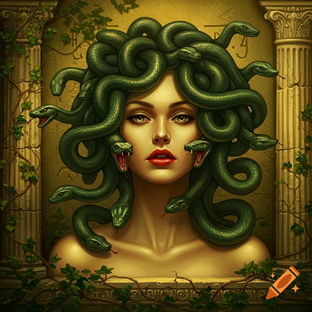 Detailed illustration of Medusa with green snakes for hair, a beautiful face with red lips and green eyes, framed by ancient pillars.