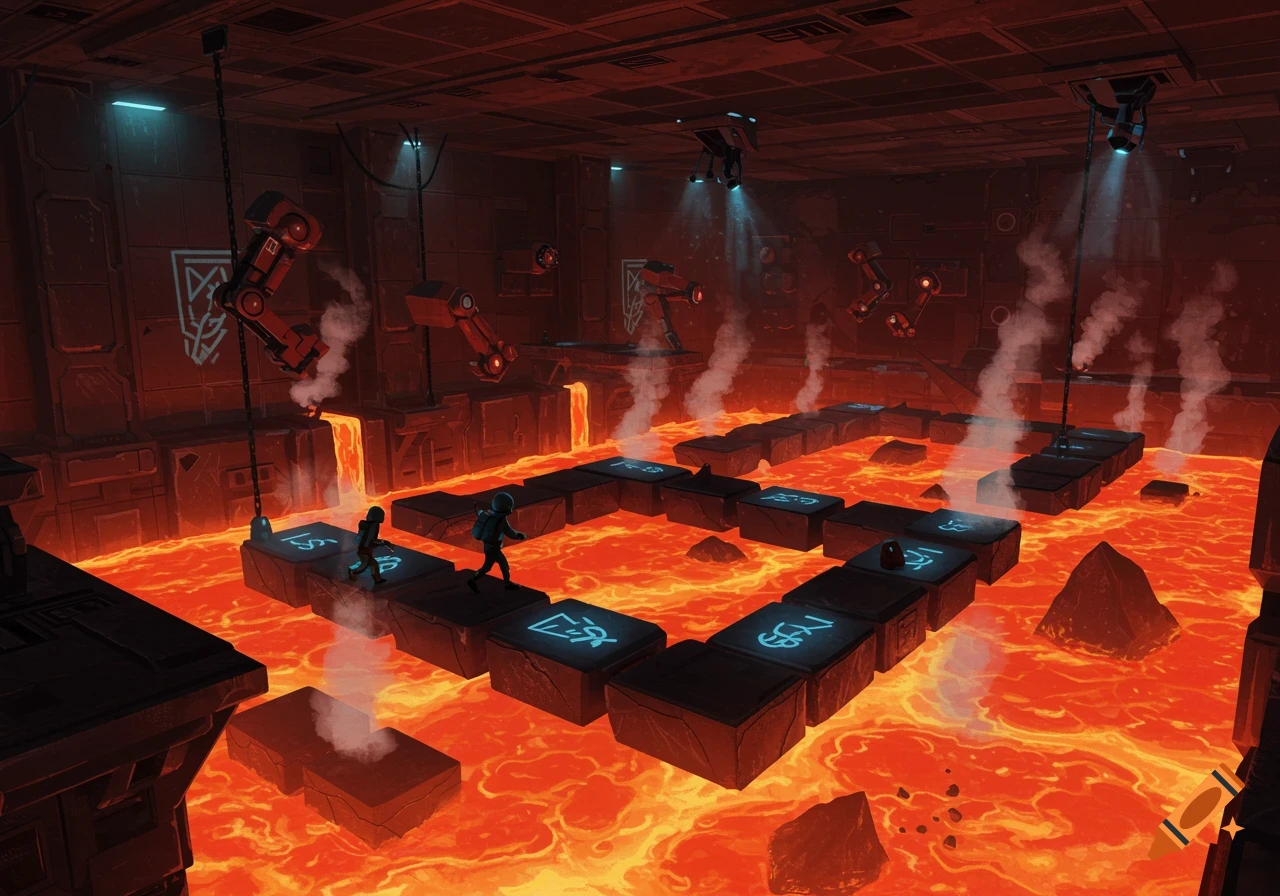 Two figures navigate glowing stone platforms above a fiery lava pit in a dark, futuristic challenge room.
