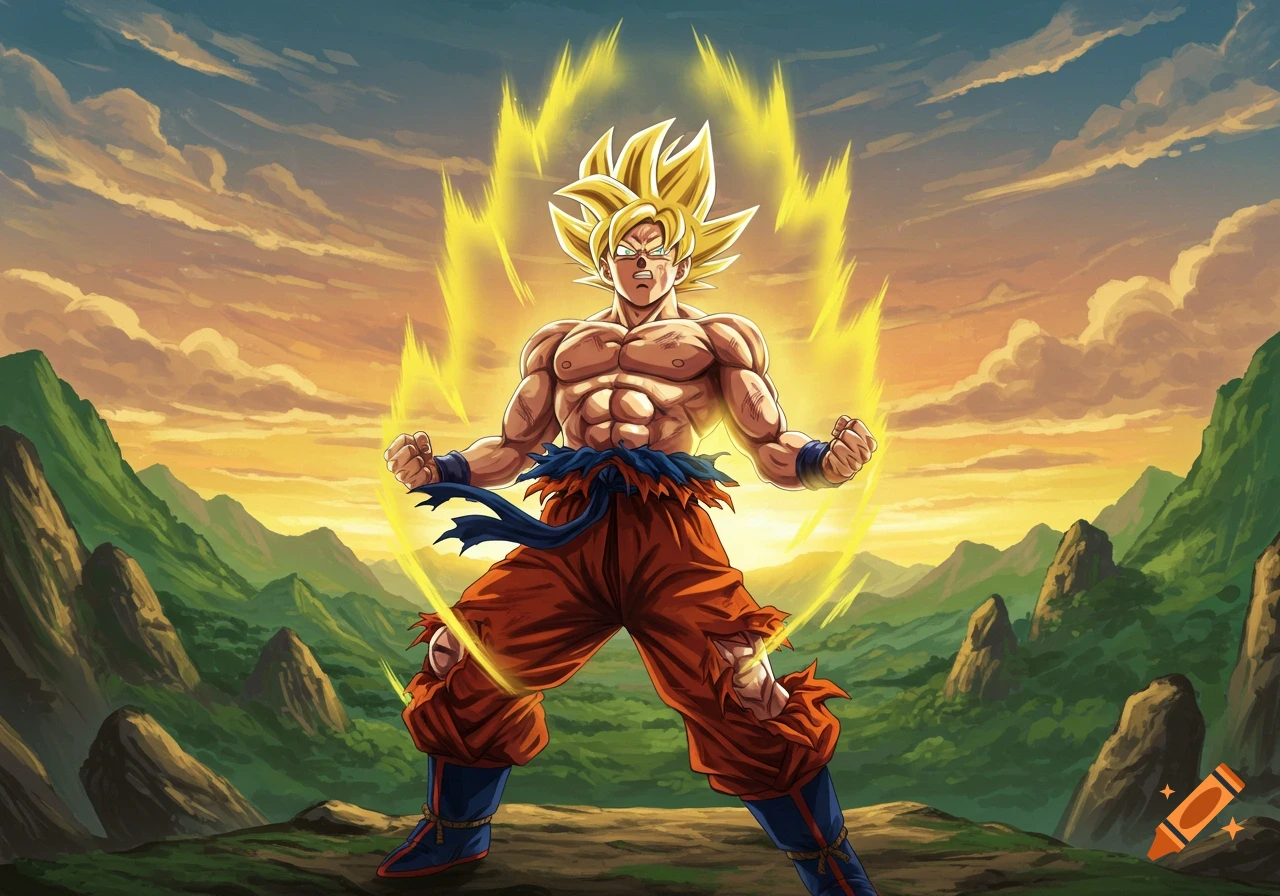 Goku as Super Saiyan powering up with a yellow aura, standing on a hill overlooking green mountains at sunset in anime style.