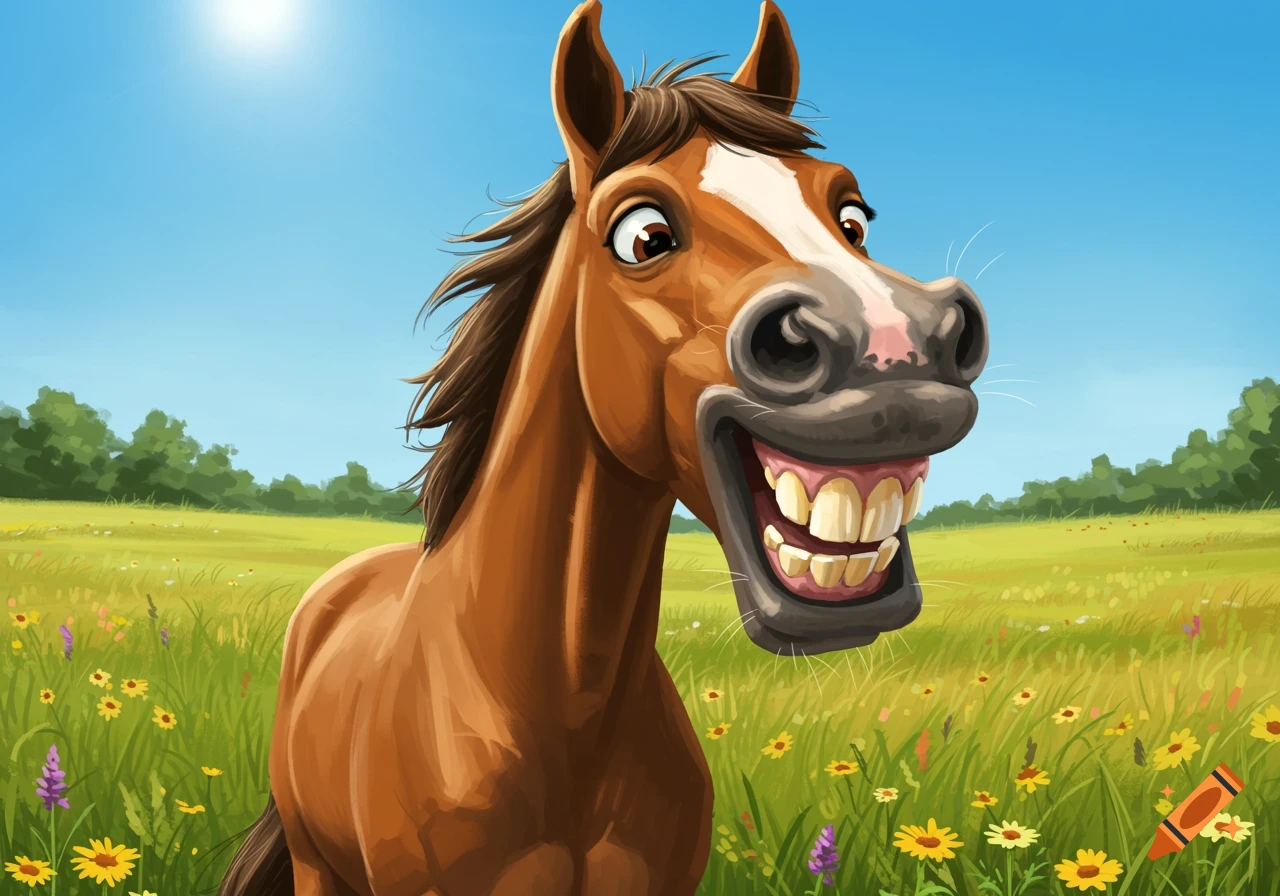 A smiling brown cartoon horse with large teeth in a sunny field of wildflowers.
