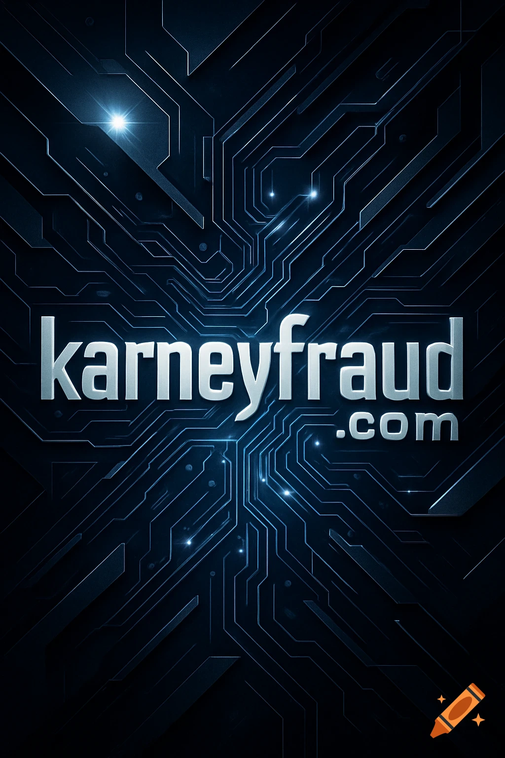 Metallic text 'karneyfraud.com' on a dark blue background with glowing circuit board patterns.