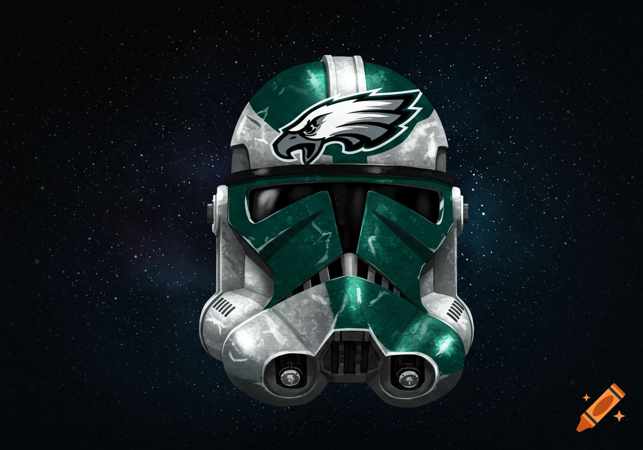 A Star Wars clone trooper helmet painted in green and white Philadelphia Eagles colors with the team logo on the forehead, against a starry space background.
