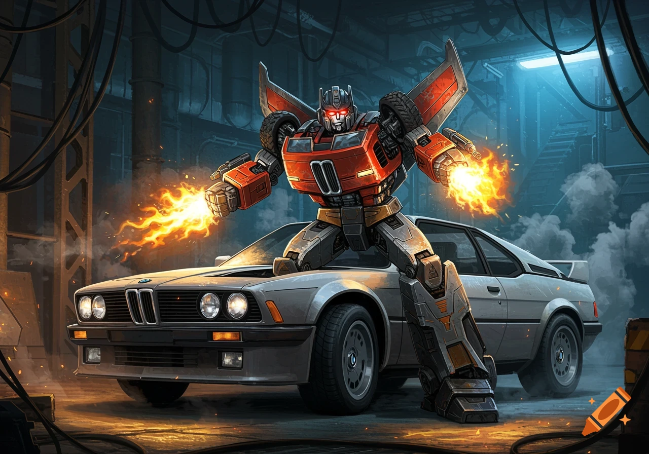 A red and gray transformer robot stands triumphantly on a silver BMW car, emitting flames from its hands in a dark, industrial setting.