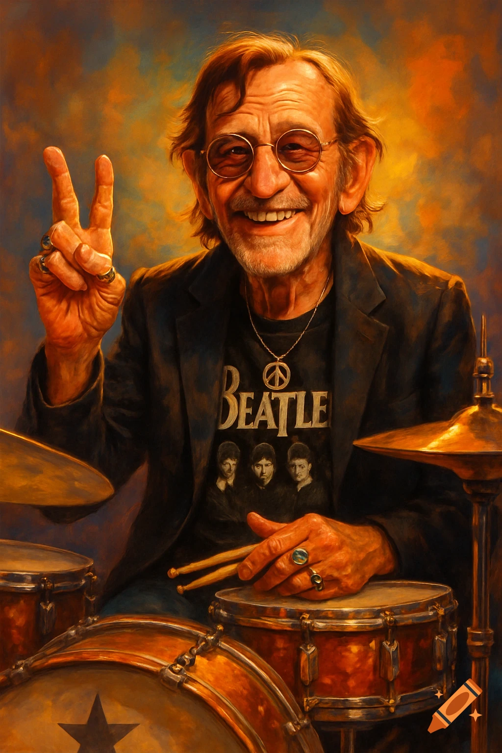 Smiling old man with long hair and round glasses makes a peace sign at a drum kit, wearing a Beatles shirt, in a painterly style.