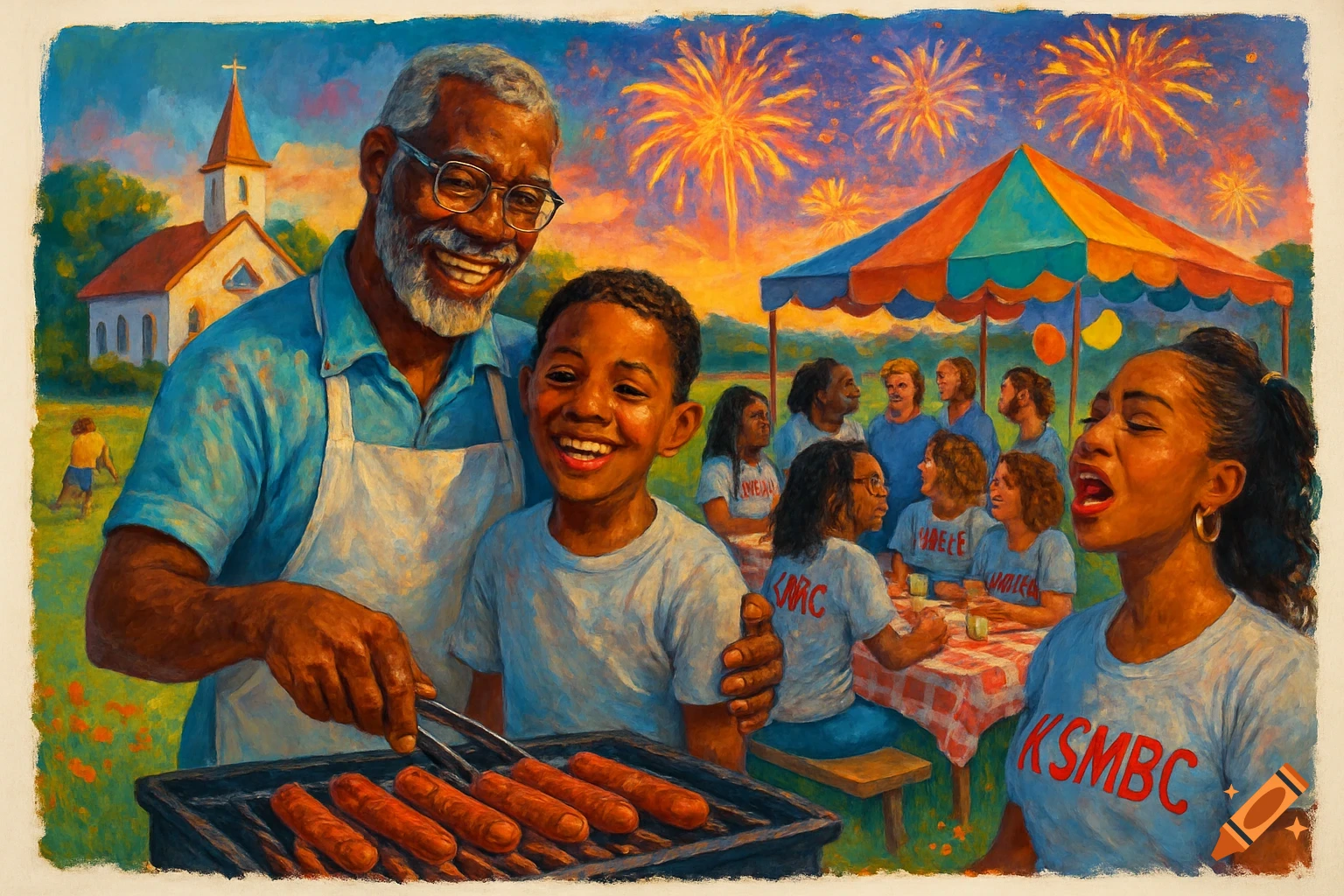 An acrylic illustration of a joyful African American community at a church picnic with fireworks. A man grills hot dogs while hugging a boy. People sing and gather under a tent near a church.