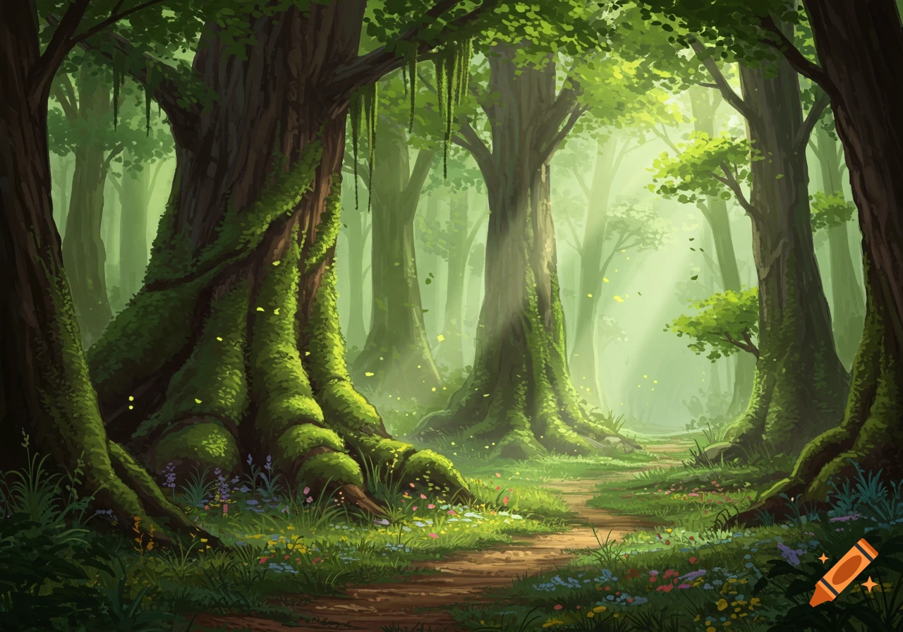 Vibrant green forest with a winding dirt path and sunbeams filtering through mossy trees in a painterly style.