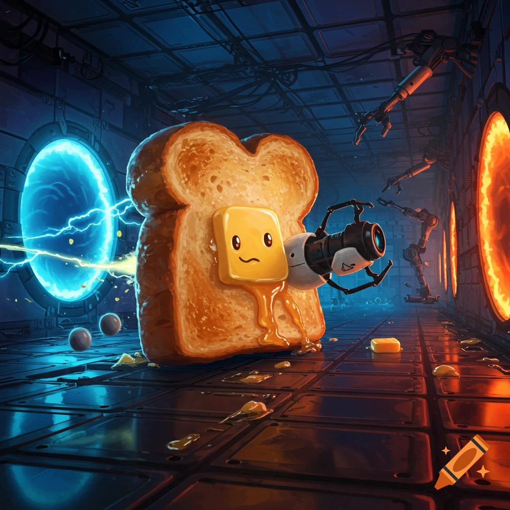A cartoon piece of french toast with a butter pat face, holding a Portal gun and shooting a blue portal, stands in a dark, futuristic test chamber with an orange portal.