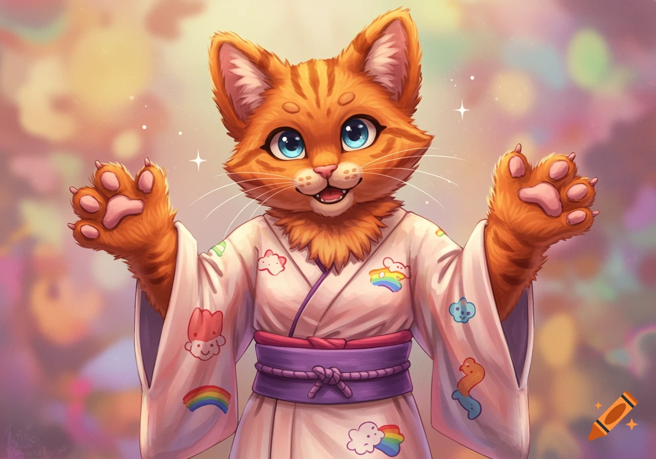 A friendly orange tabby furry cat in a white kimono with rainbow and cloud patches raises its paws against a warm, colorful background.