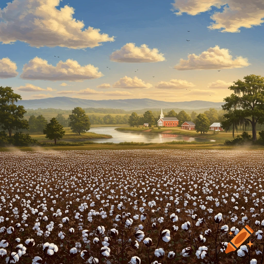 A vast field of white cotton plants under a bright, cloudy sky, with a red church and farm by a river and distant mountains.
