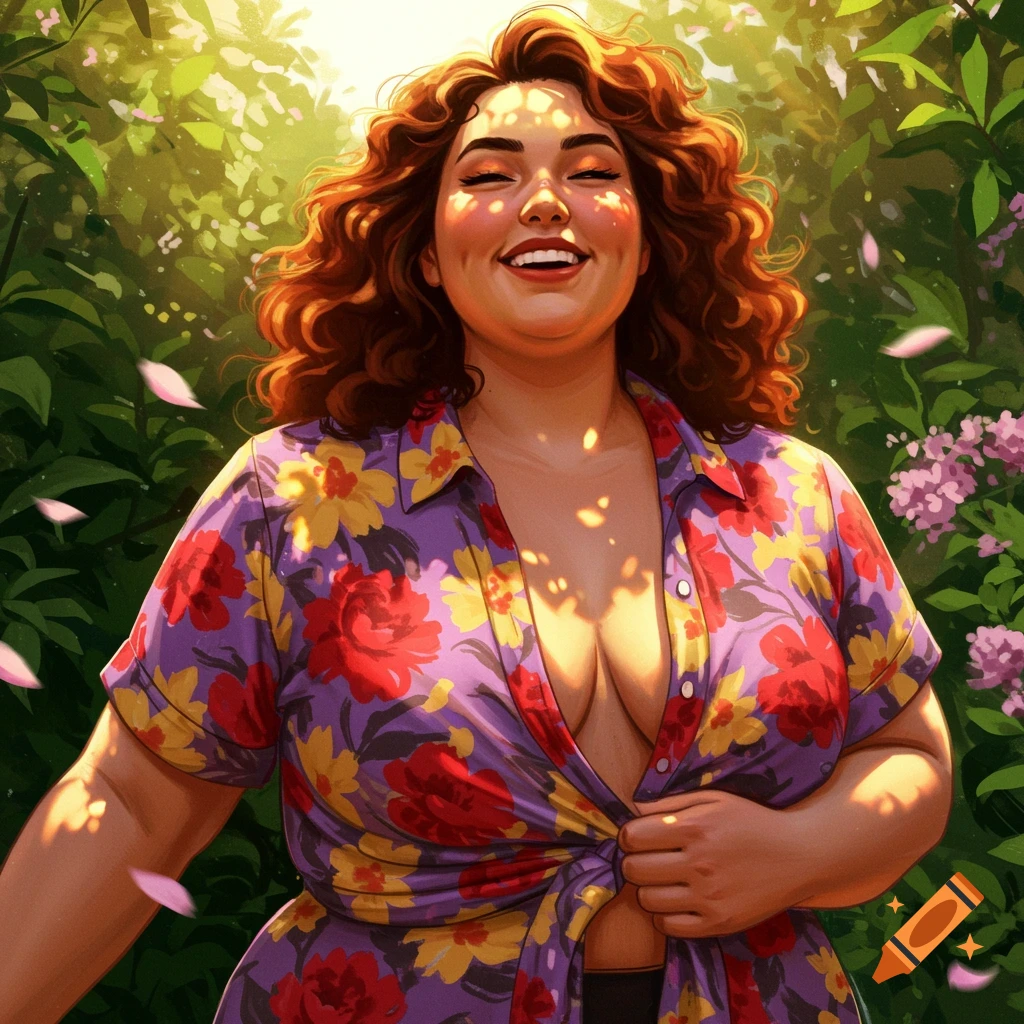 A smiling woman with curly red hair in a floral shirt, bathed in dappled sunlight in a lush garden.