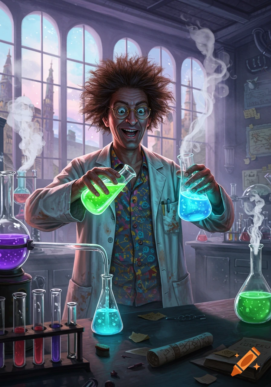 A crazy scientist with wild hair and goggles enthusiastically mixes glowing green and blue liquids in a vibrant, fantastical laboratory.