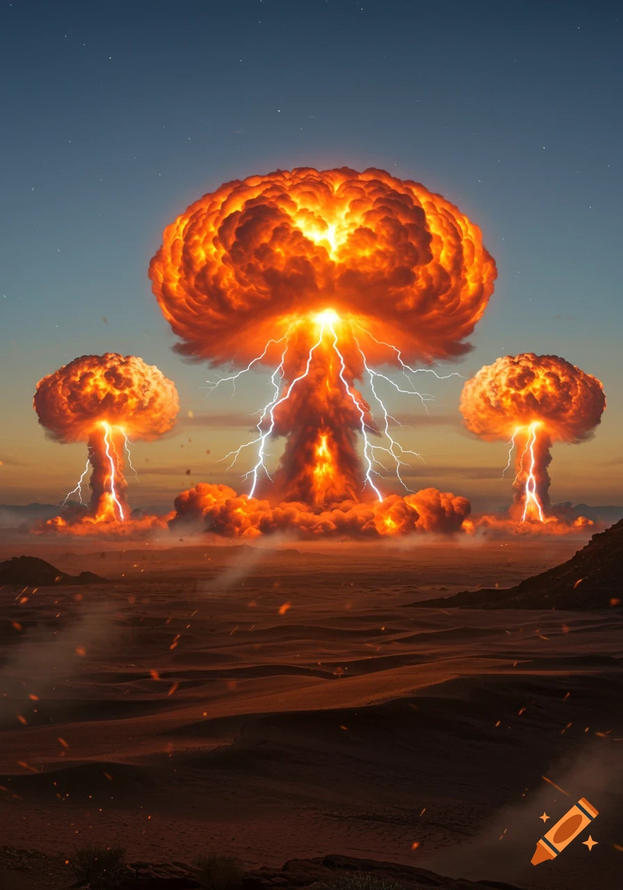 Three fiery nuclear mushroom clouds with lightning striking a barren desert landscape at dusk.