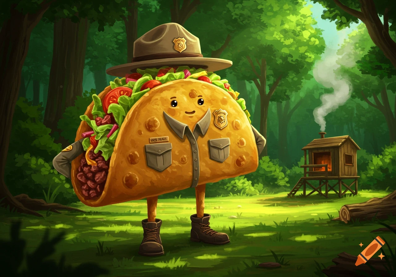 A smiling anthropomorphic taco wearing a forest ranger uniform and hat stands in a lush green forest, with a small wooden cabin emitting smoke in the background.