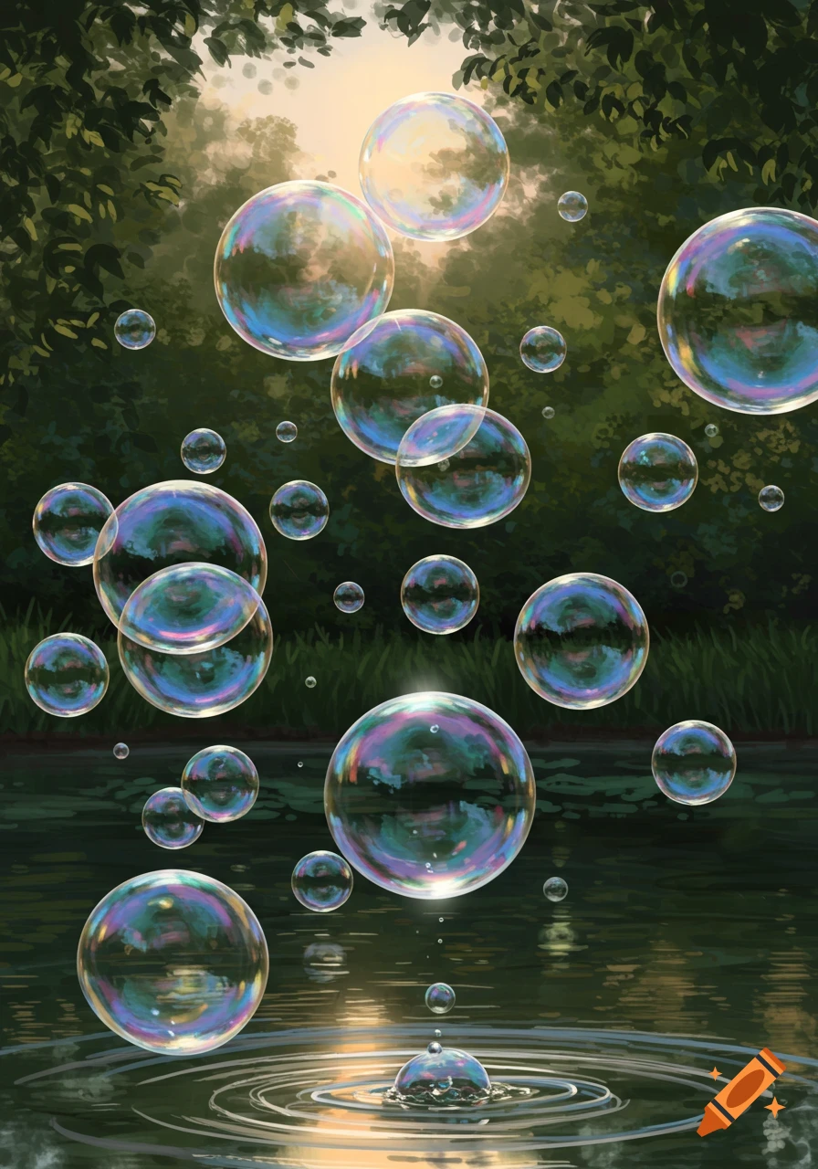Iridescent bubbles float above and reflect in water, surrounded by green trees, with sunlight shining through.