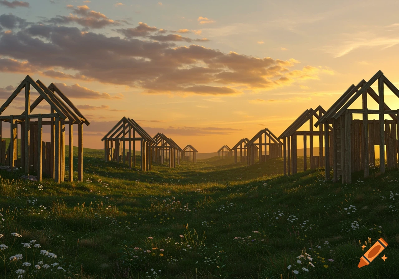 A long line of timber house frames stretching across a grassy field under a vibrant sunset sky.