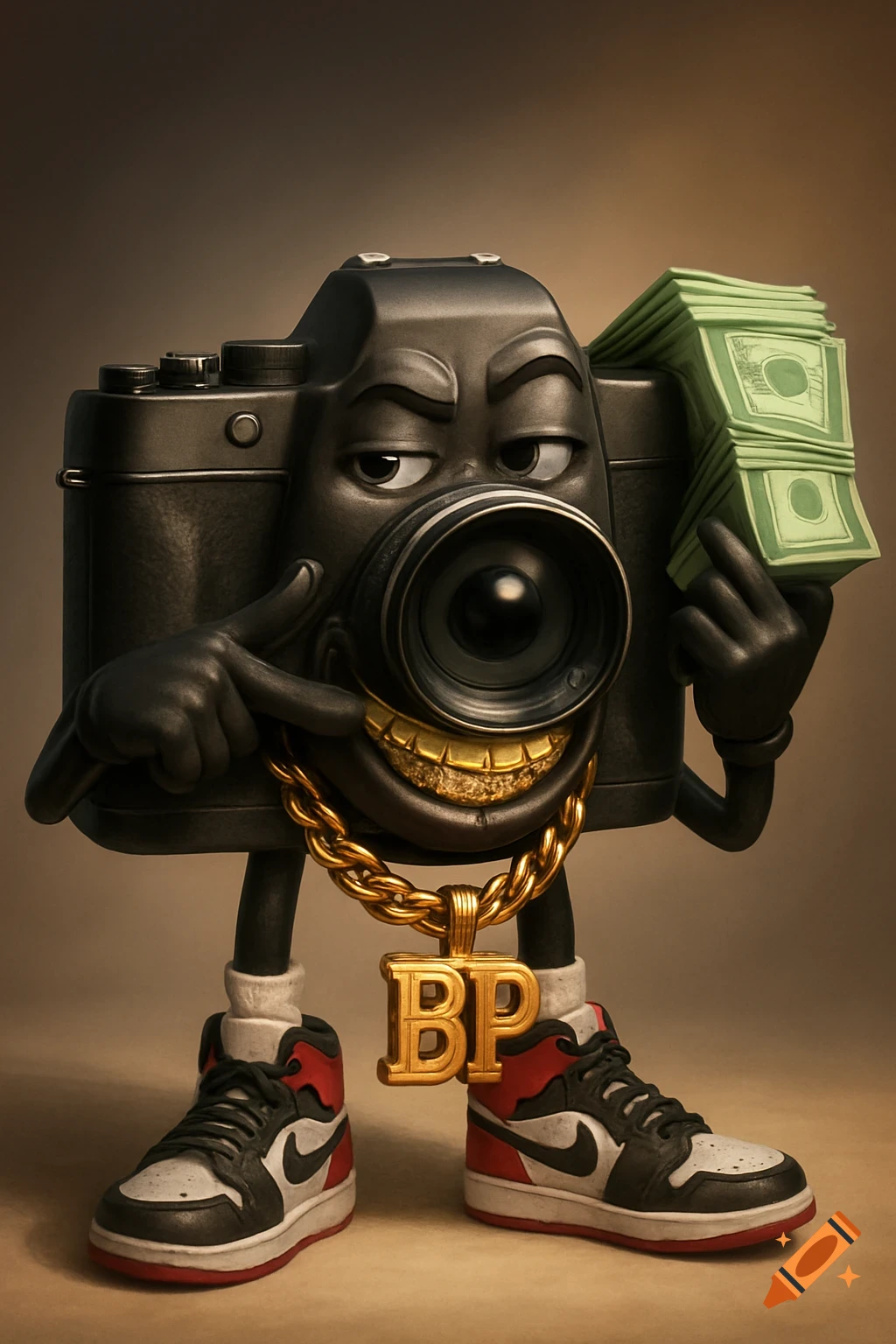 A semi-realistic camera character smirking with a gold grill, wearing a 'BP' chain and Jordan sneakers, holding money.