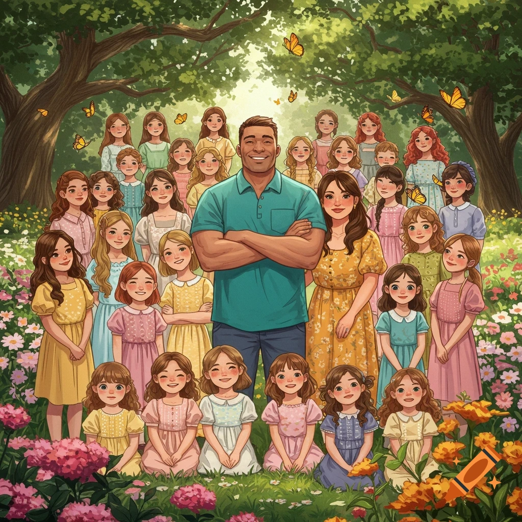 An illustration of a man, a woman, and many young girls in a vibrant, flower-filled garden.