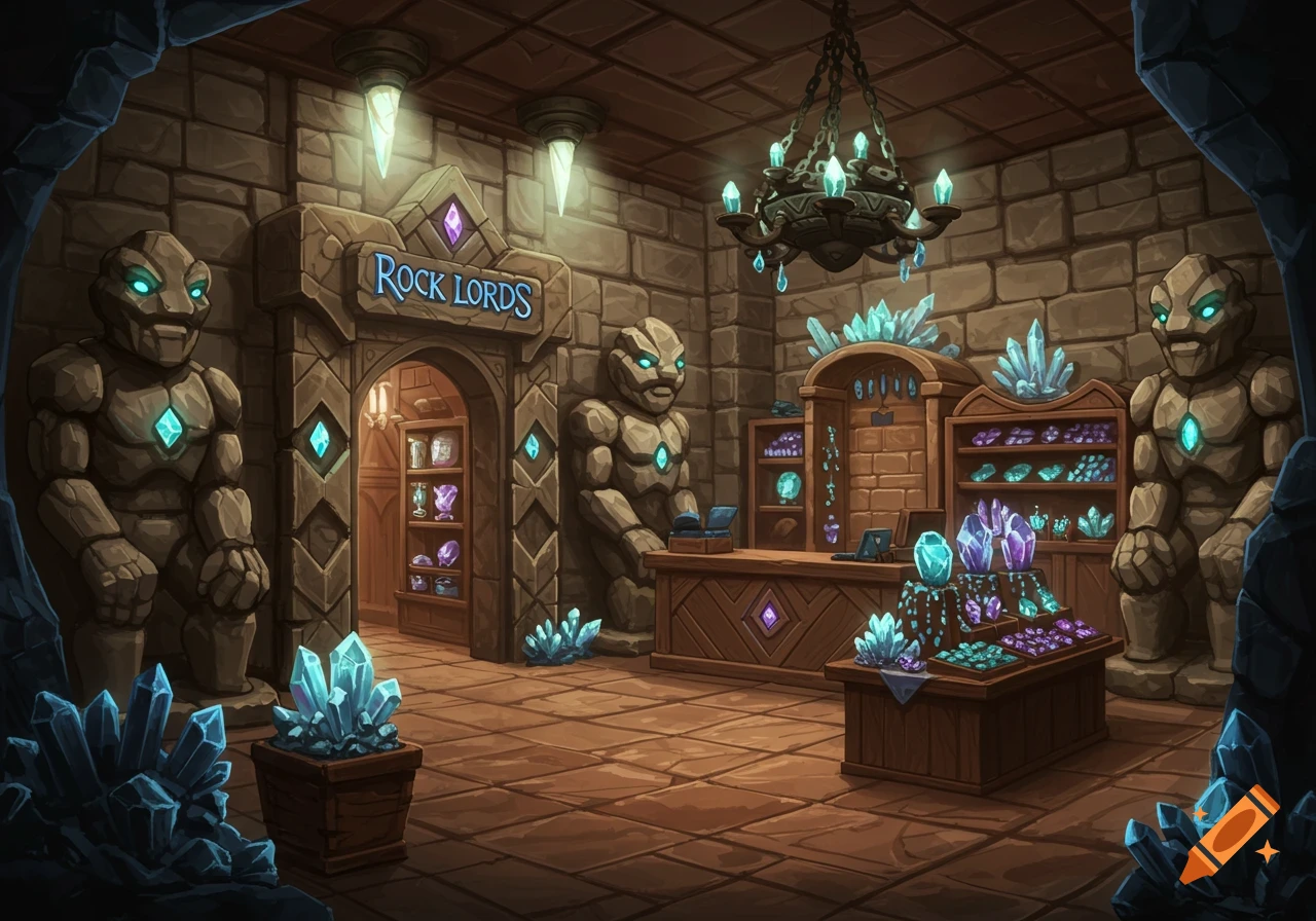 A fantasy store called Rock Lords, featuring stone golems, a chandelier, and shelves displaying glowing crystals and gems.