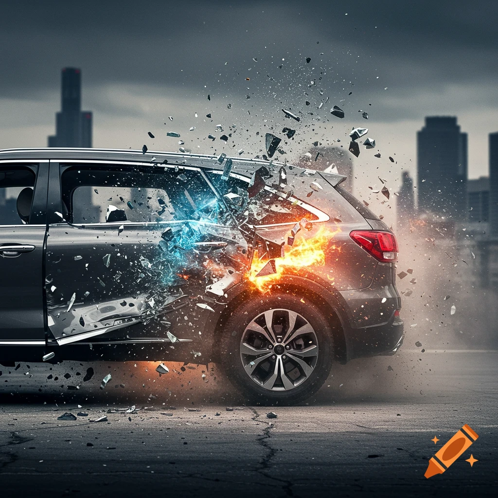 A dark grey SUV is imploding/exploding with shattered glass and bright blue and orange energy in a city.