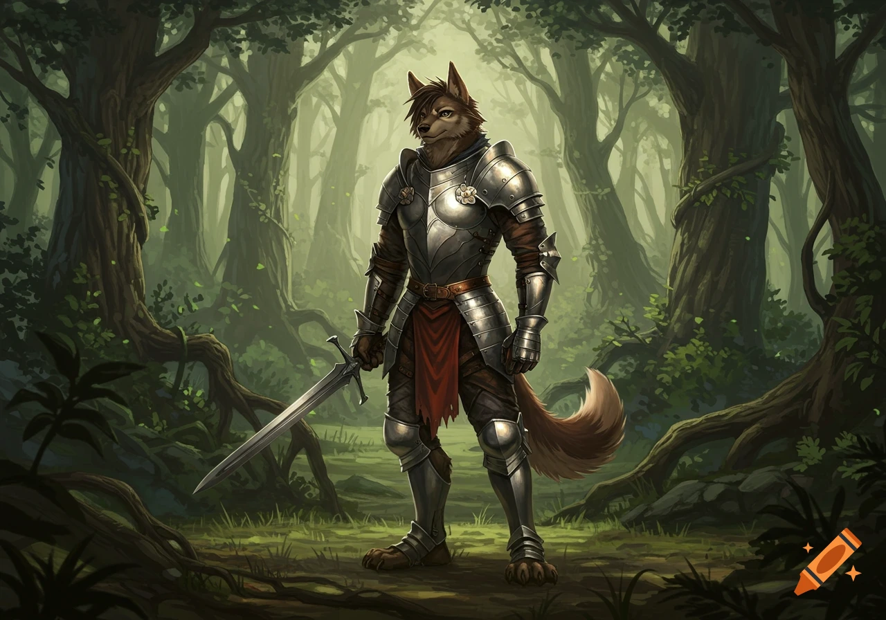 A wolf-like knight in shining armor stands in a lush, green forest, holding a sword.