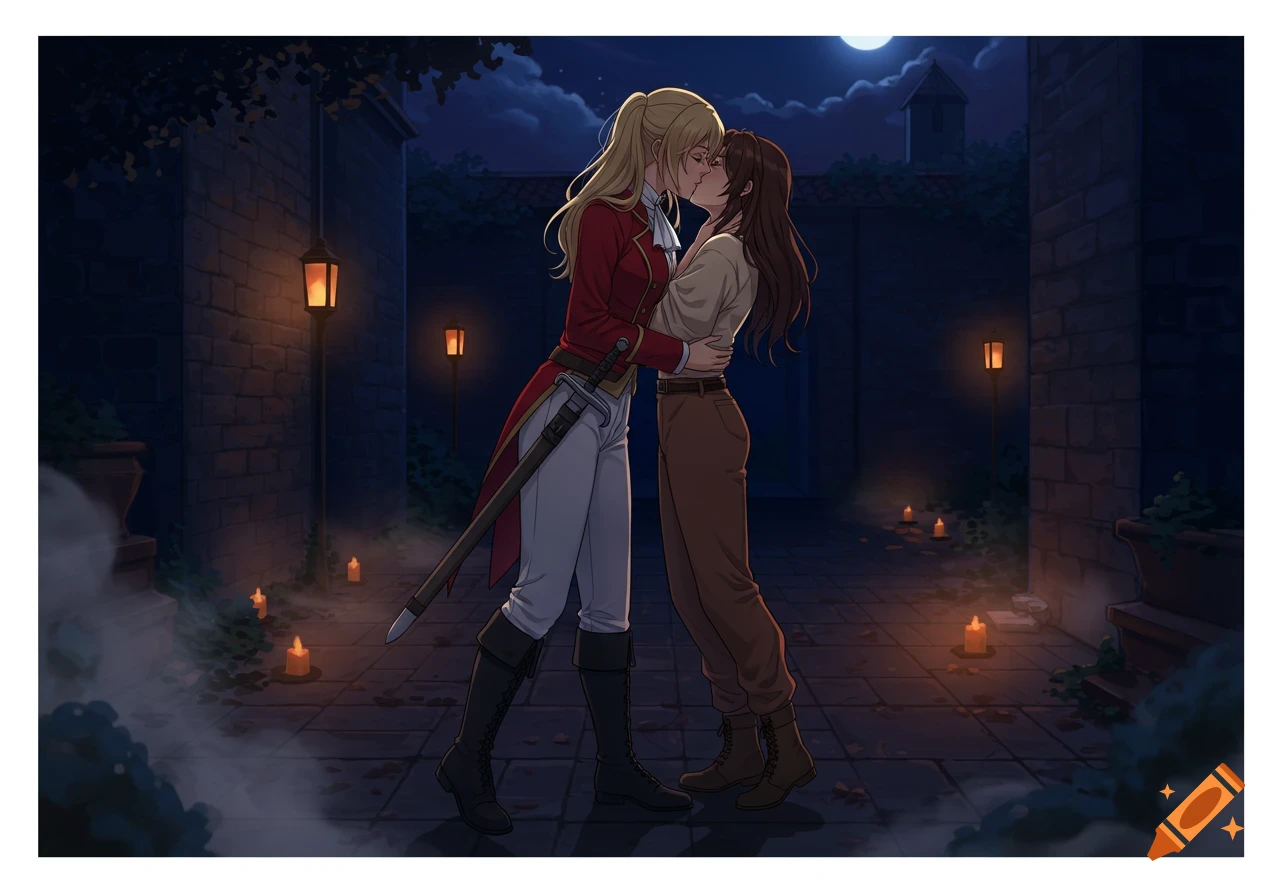 An anime drawing of a blonde woman in a red tailcoat kissing a brown-haired woman in a courtyard at night.