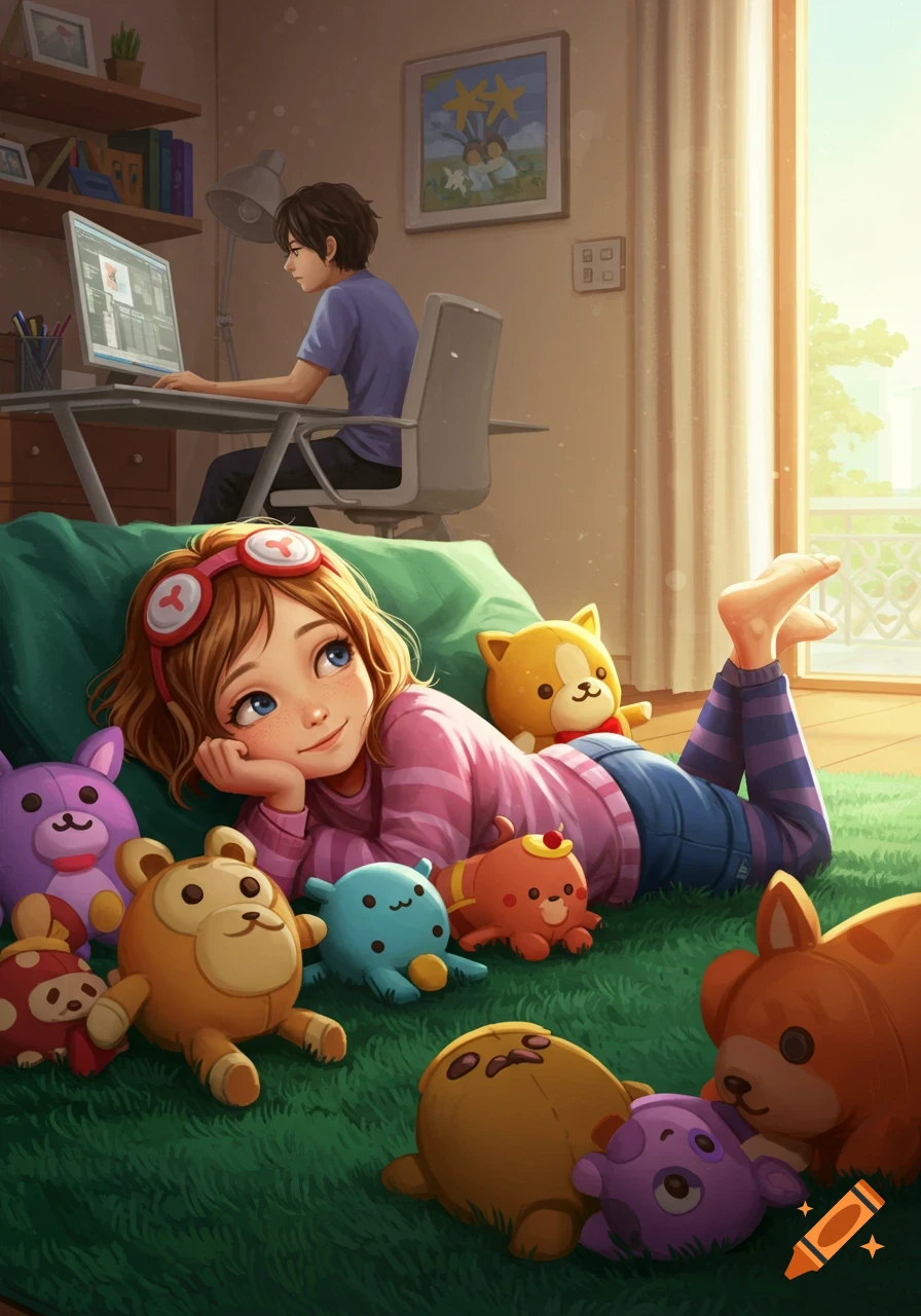 A cute anime girl with headphones lies on a green rug, surrounded by colorful plushies, while a boy works on a computer in a sunny room.
