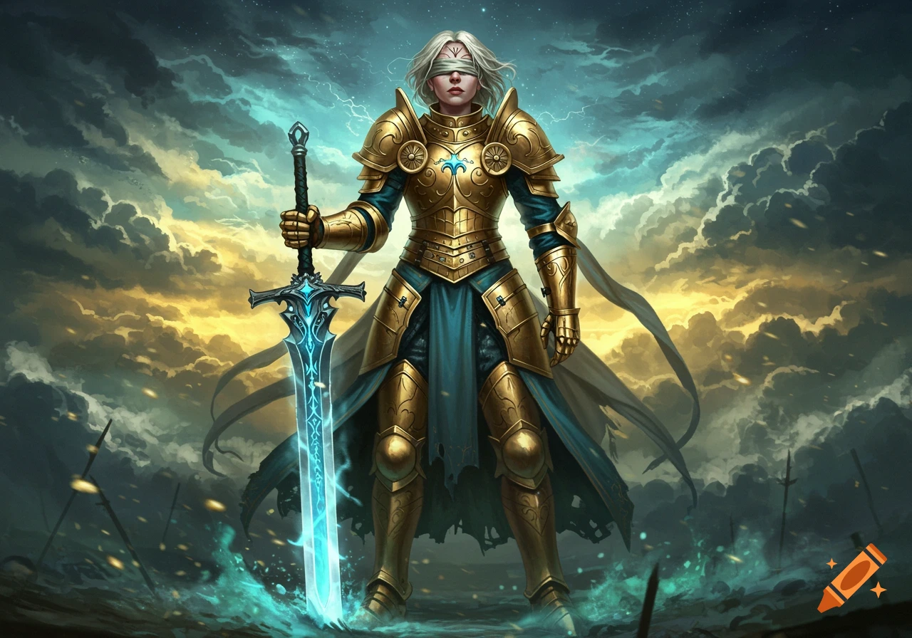 A blind female paladin in golden armor stands holding a glowing blue greatsword amidst a stormy sky.