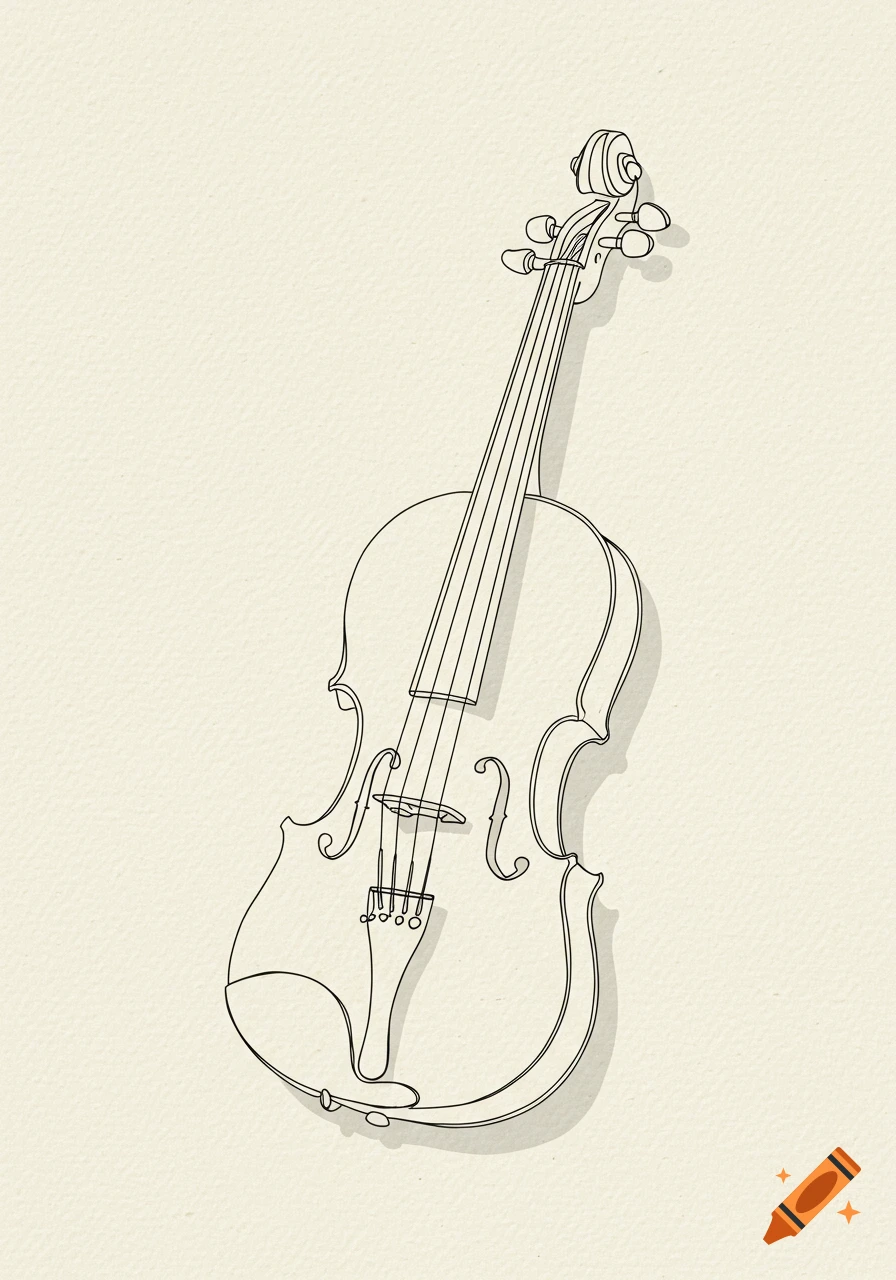 An outline drawing of a violin on a textured, light background.