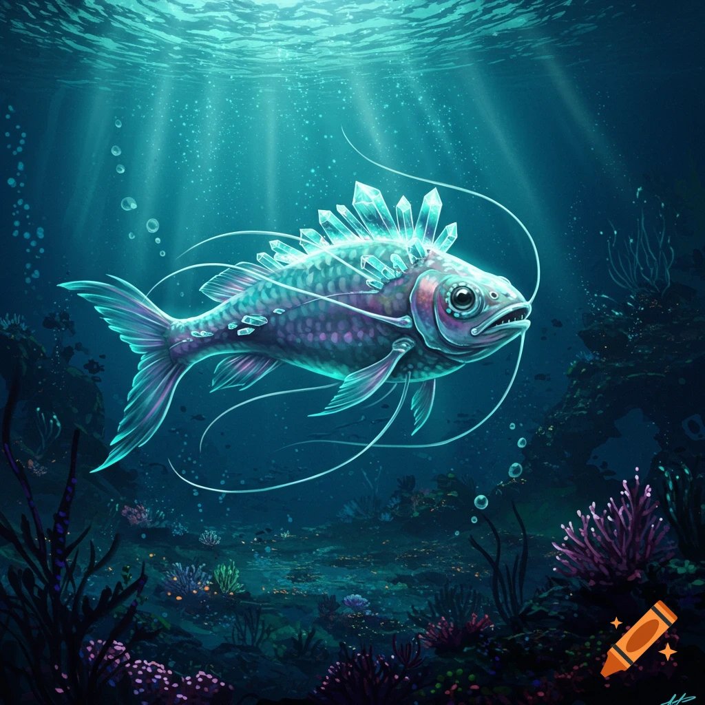 An artistic illustration of a crystal fish glowing underwater with light rays and coral.