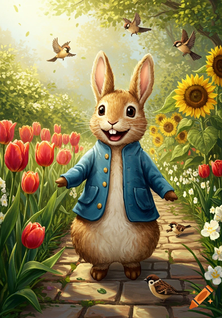 A smiling Peter Rabbit in a blue coat stands on a garden path with tulips, sunflowers, and sparrows in a vibrant illustration.