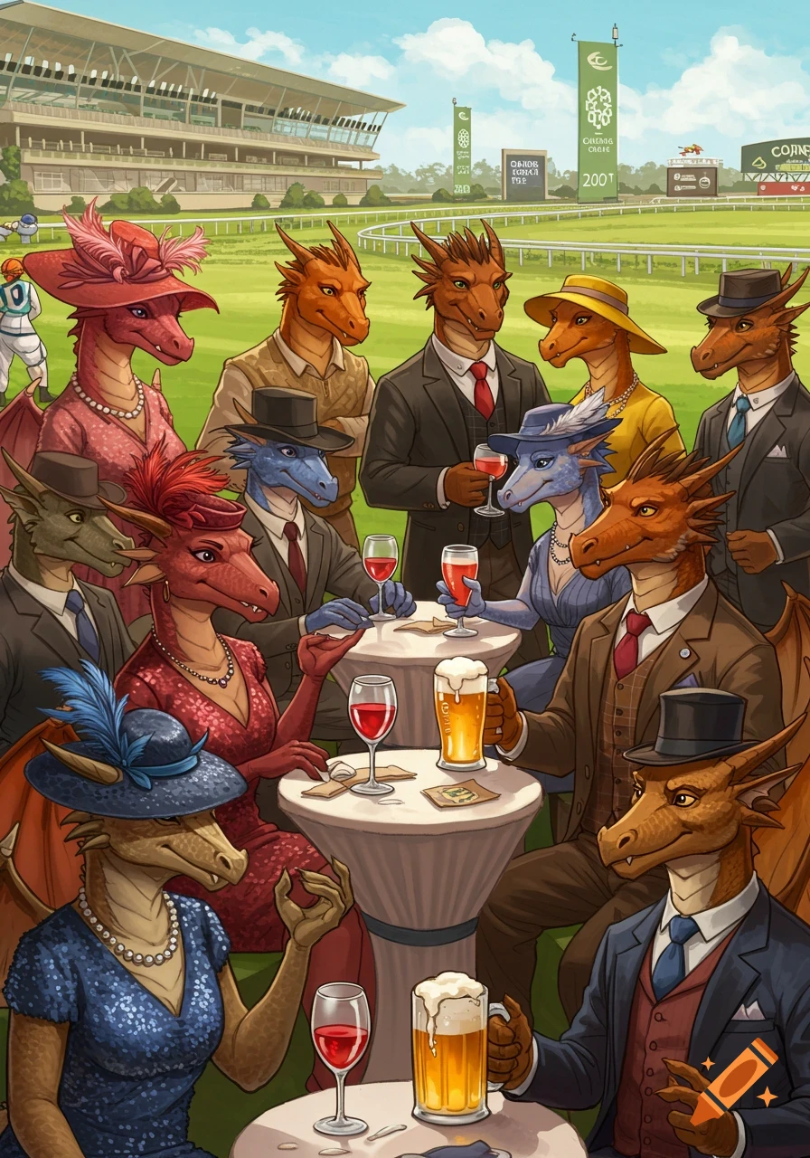An illustration of anthropomorphic dragons in formal attire and hats, socializing with drinks at a horse racing track.