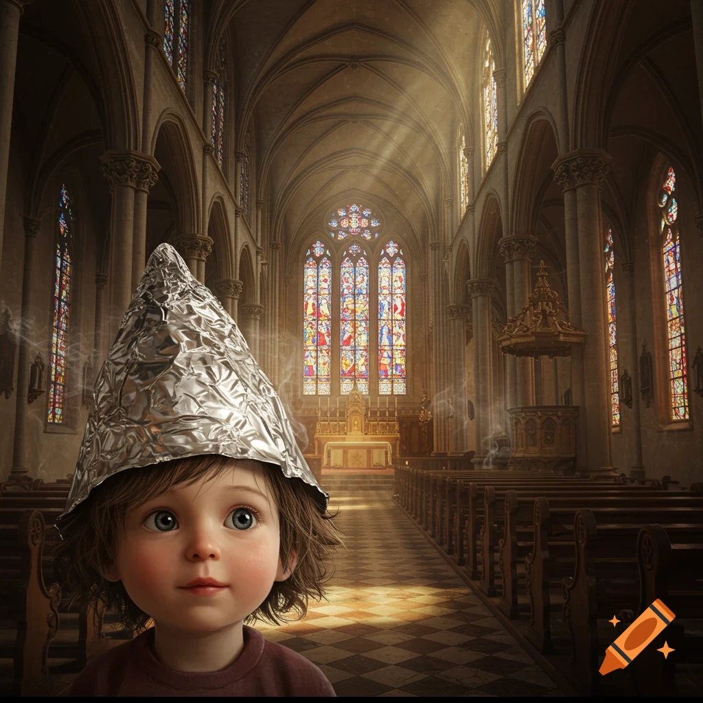 A child wearing a shiny tin foil hat stands in a grand church with tall stained glass windows and sunlight streaming through.