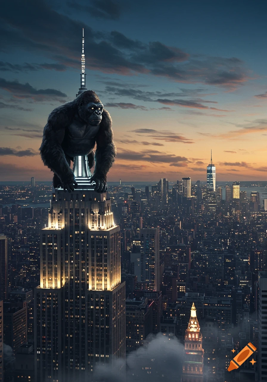 King Kong, a giant gorilla, stands atop the Empire State Building overlooking a sprawling city at sunset, photorealistic.