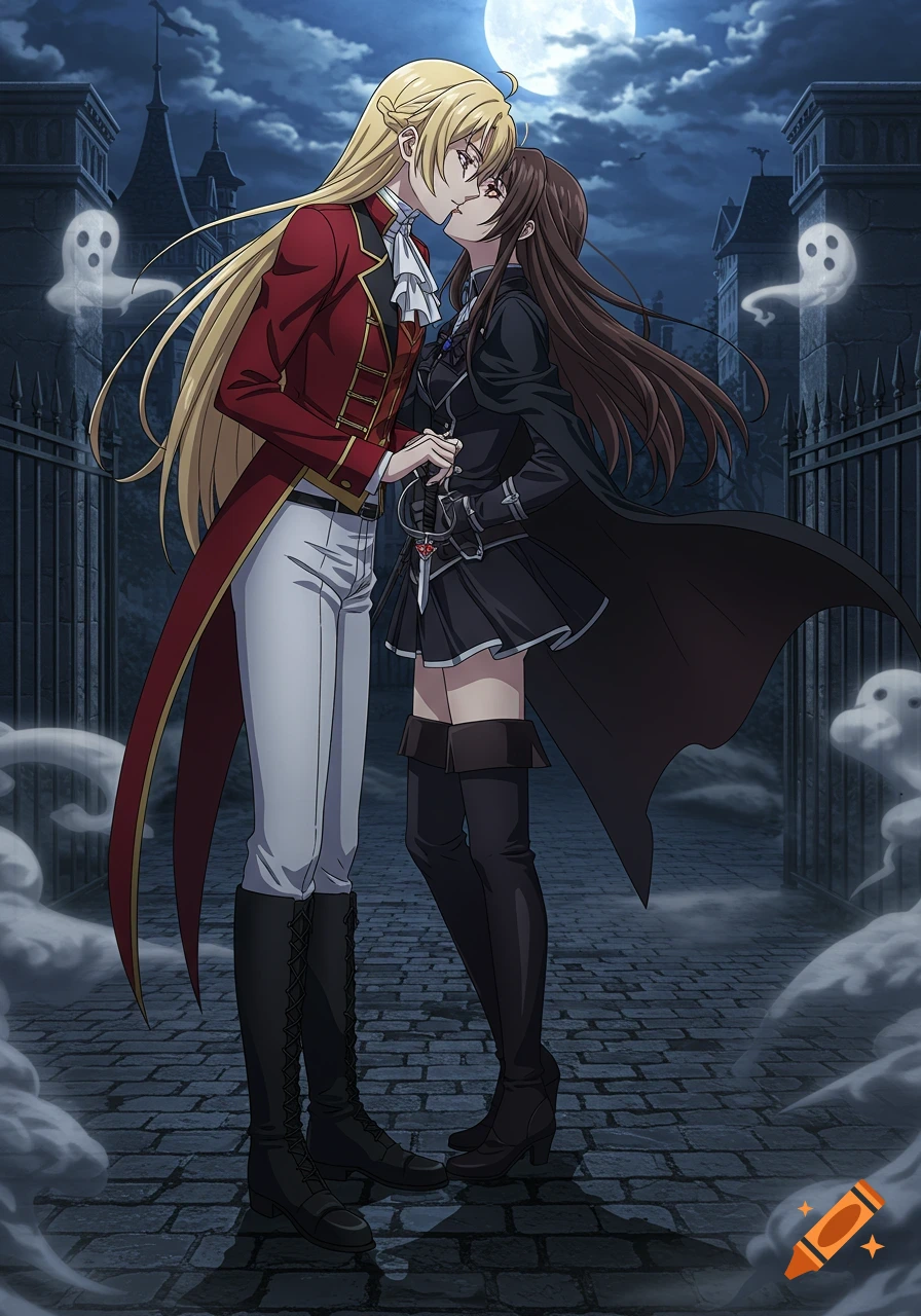 Anime drawing of a blonde woman in a red tailcoat kissing a dark-haired woman in a black outfit in a spooky, moonlit courtyard.