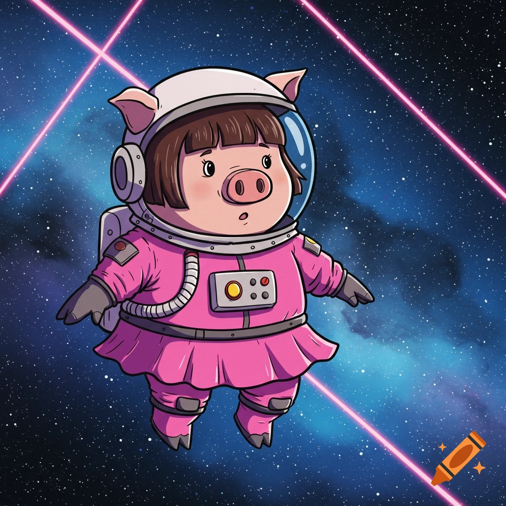 Comic book style drawing of a pig in a pink astronaut suit and helmet, floating in starry space with pink laser lines.
